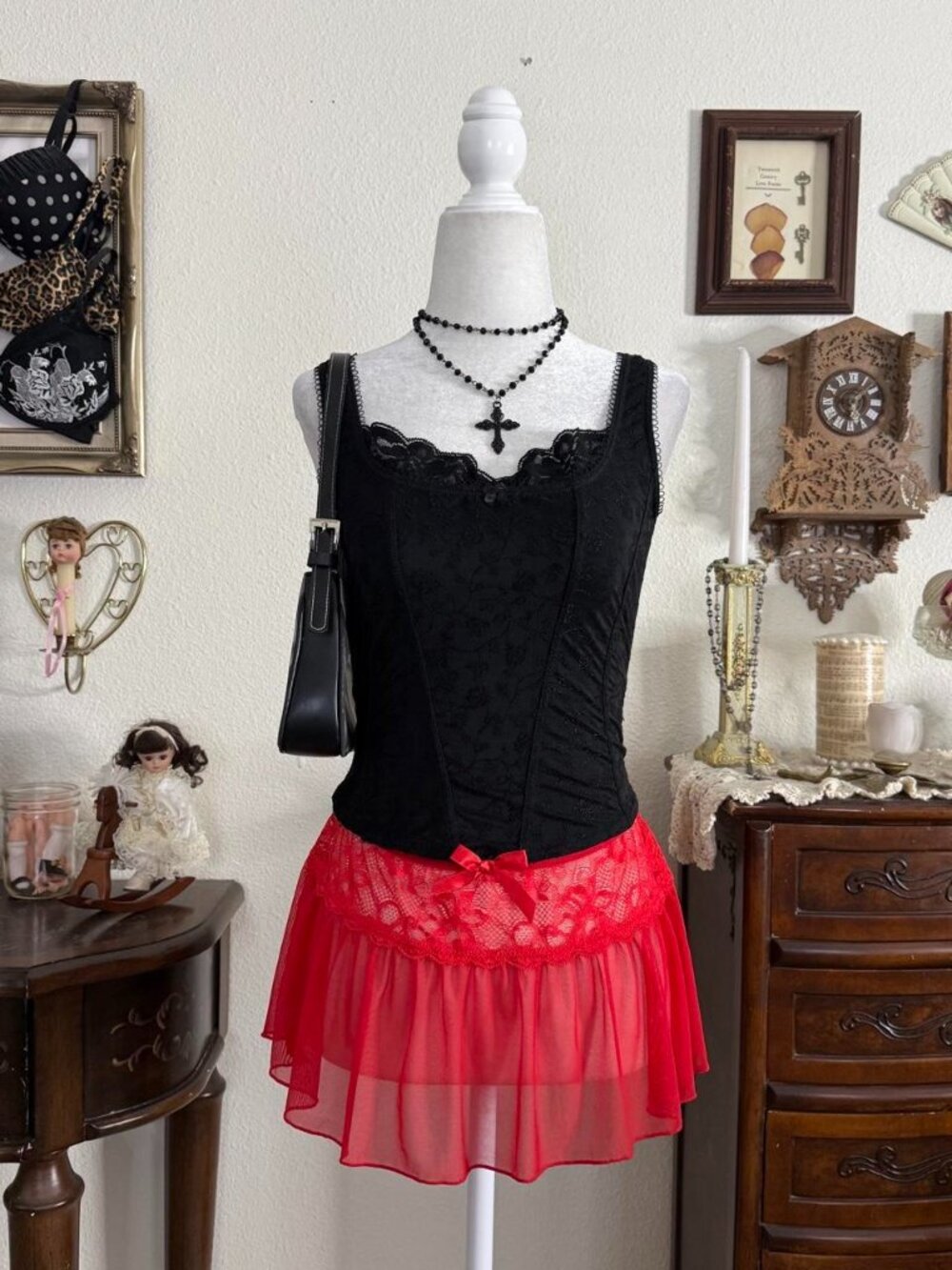 Dainty vampy femme fatale red sheer mesh and lace micro mini skirt